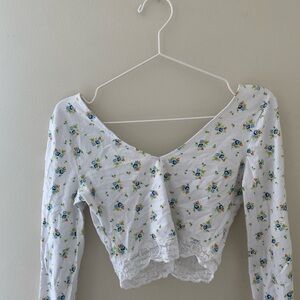 Urban Outfitters White Floral Lace-Trim Long Sleeve Top